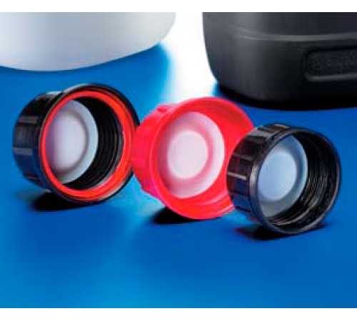 Крышка блистерная Kautex, PP, с красным защитным кольцом и уплотнением из PTFE, черная, Ø 45 мм, для узкогорлых бутылей объемом 50-2500 мл Крышка блистерная Kautex, PP, с красным защитным кольцом и уплотнением из PTFE, черная, Ø 45 мм, для узкогорлых бутылей объемом 50-2500 мл